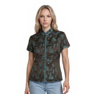 Dragon 100% Silk Jacket Top Women's Size Medium Brown Teal Brocade Frog Vintage